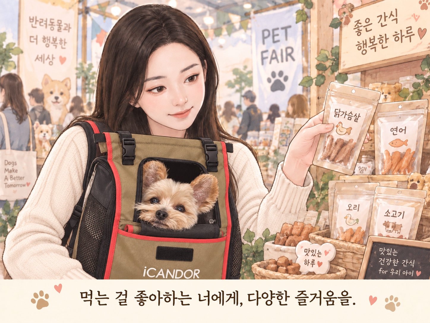 펫 페어에서 다양한 간식을 살펴보는 모습